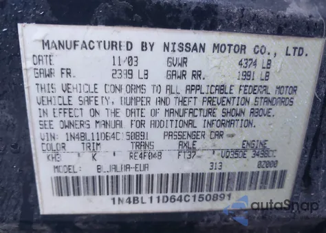 2004 Nissan Altima 3.5 Se from USA, damaged, VIN 1N4BL11D64C150891